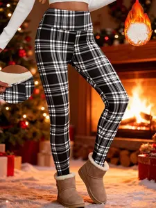 Women's Winter High Waist Plaid Fleece Lined Pants, Elastic Warm Lamb Velvet Nine-Point Leggings, Casual Fashion S-Xxl, Stretchy Soft Leggings