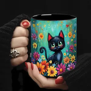 WhimsyCat 11oz Ceramic Coffee Mug with Floral Black Cat Design Vibrant Multicolor Flowers Durable Ceramic Cup for Home Office Holiday Gifts (Christmas Easter Valentine's Day Birthdays) Home Drinkware Artistic Cup Design Sturdy Drinkw Tumbler Reusable
