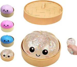 Dumpling Squishies Toy, Giant Glitter Dumpling, Colorful Dumplings Stress Balls Fidget Sensory Toy,Soft Squeeze Decompression Dough with Food Steamer, Stretchy Desk Toys (White)