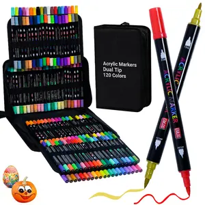Dual-Tip Acrylic Paint Pens Set - Fine and Brush Markers, Acrylic Markers for Rock Painting, DIY Crafts (Office Stationery Writing Tool)