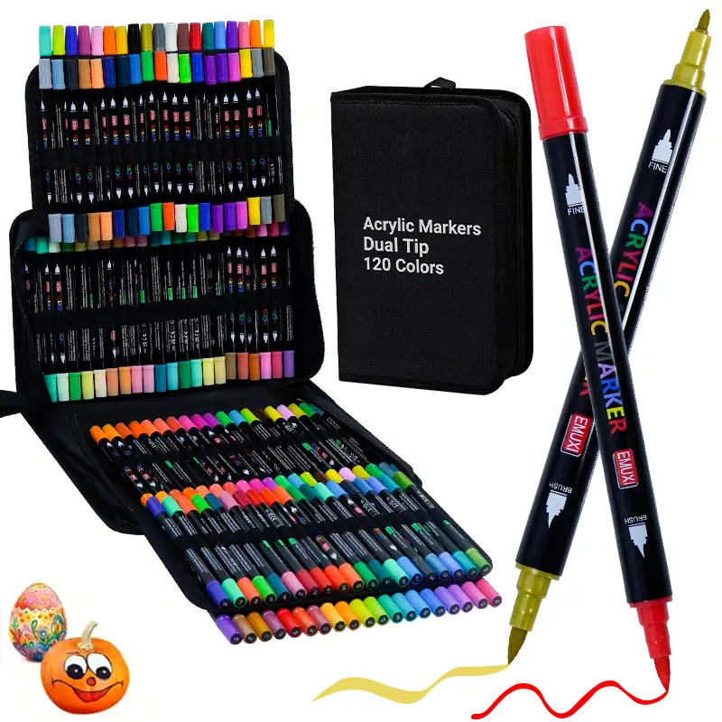 Premium Paint Pens Set - Dual-Tip Acrylic Markers (1-5mm Brush, Fine), Office Stationery Writing Tool, Artist Supplies for Rock Painting (12 Essential Shades, 120 Colors, Mark-Compatible)