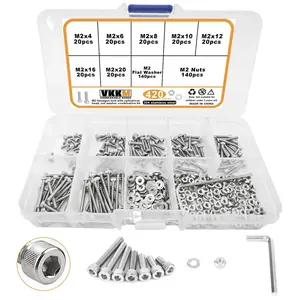 420pcs Vkkm M2 Hex Screw Nut Washer Set, 7 Sizes M2x4-M2x20 Precision Screws, Includes 140 Nuts + 140 Washers + Hex Wrench