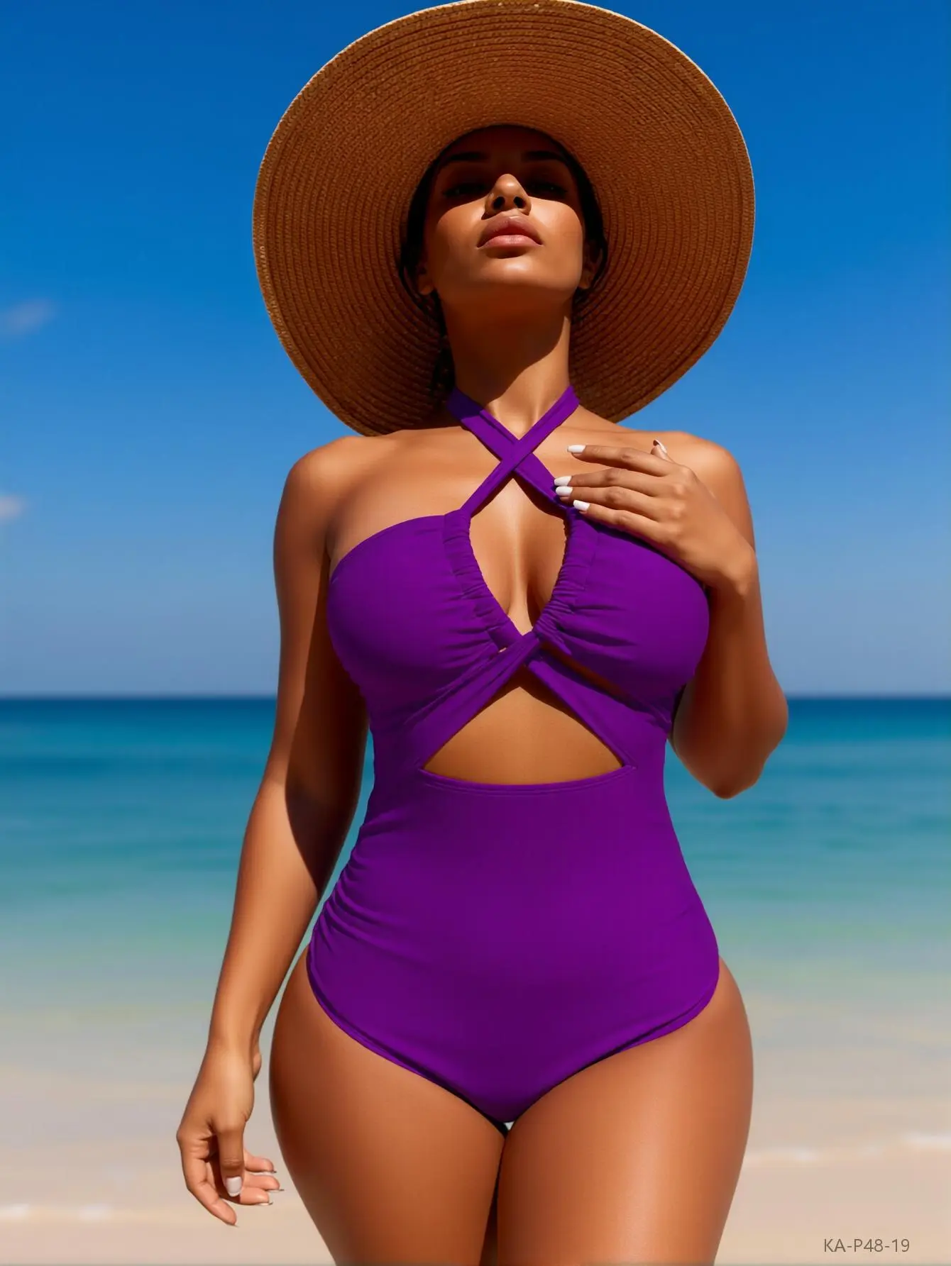 Aura Swim Women's 2026 Solid Purple Strapless Crisscross Cutout 1-Piece Swimsuit, Solid Color Swimwear with Ruched Tummy Control, Flattering Elegant Curvy-Friendly Size-Inclusive Beachwear for Summer Pool Parties, Solid Color Swimsuit