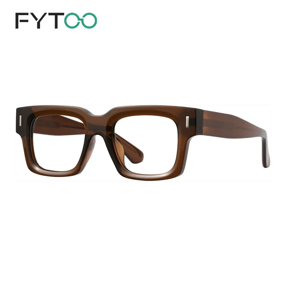 FYTOO Transparent Brown Chunky Square Acetate Glasses, Thick Rectangle Retro Statement Eyeglasses