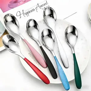 6-Piece Set Stainless Steel Soup Spoons, Heavy-Duty Long Handle Colorful Handles, Non-Slip Kitchen Utensils for Soups Cereal Milk Tea Coffee Travel Home Use