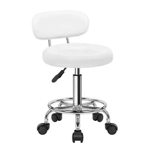 KKTONER PU Leather Modern Rolling Stool with Low Back Height Adjustable Work Salon Drafting Swivel Task Chair with Footrest (White)