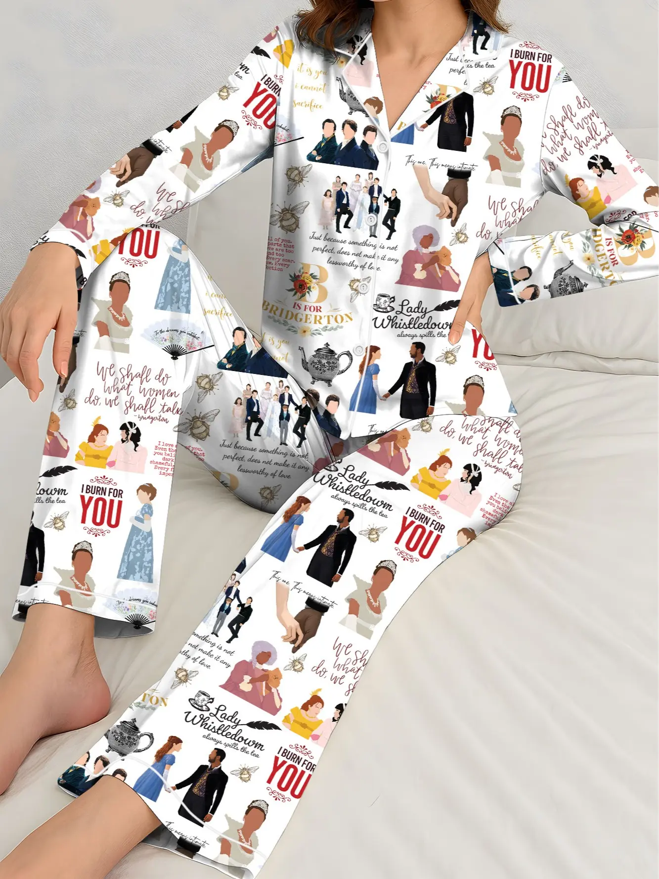 Women's Silky Bridgerton Pocket Pajama Set - Lady Whistledown Inspired, Regency Era Button-Up, Adjustable Drawstring Loungewear, BookTok Nightwear Gift