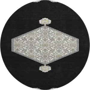 HomeRoots 679333 8 ft. Black, Ivory & Gold Oriental Washable Round Area Rug with UV Protection – Dark, Ethnic, Full-Sized, Kids-Safe, Puppy-Proof, Dark Area Rugs, Ethnic Area Rugs