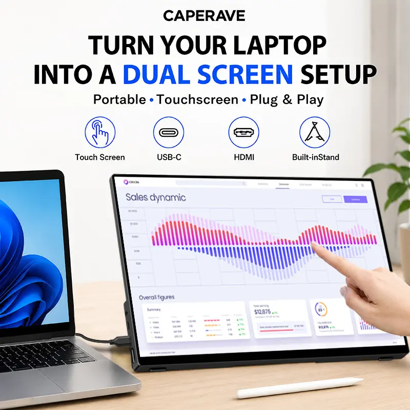 CAPERAVE Portable Touchscreen Monitor 15.6" FHD 1080P 60Hz IPS Panel 10 Point Multi Capacitive Touch Screen USB Type-C HDMI Plug and Play Portable External Monitor Dual Screen for MacBook Laptop PC PS5 Switch Travel Work Gaming, Speakers