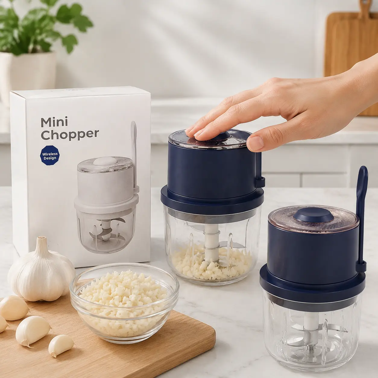 Viral Wireless USB-Rechargeable Electric Garlic Chopper, Thick Glass Bowl Mini Food Processor with Sharp Steel Blades, Portable Cordless Kitchen Gadget for Chopping Garlic, Apartments, Camping, Dorms, Detachable & Easy to Clean