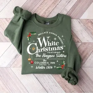 White Christmas Sweatshirt Vintage Retro Holiday Crewneck Cozy Green Pullover Winter Aesthetic Top for Women Men Christmas Movie Inspired Gift Holiday Outfit Fabric Womenswear