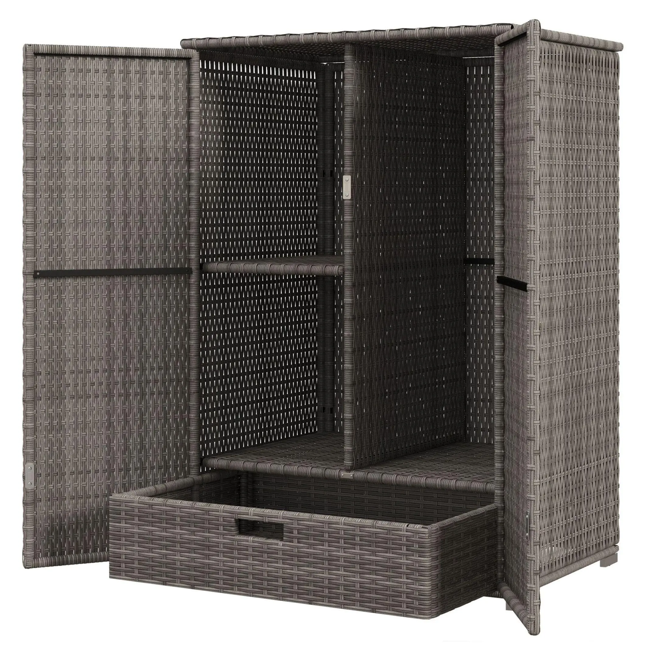 Outdoor Rattan Pool Storage Cabinet,  Tub Accessory Organizer, PE Wicker Freestanding Cabinet w/ Doors & Drawer, Dark Gray