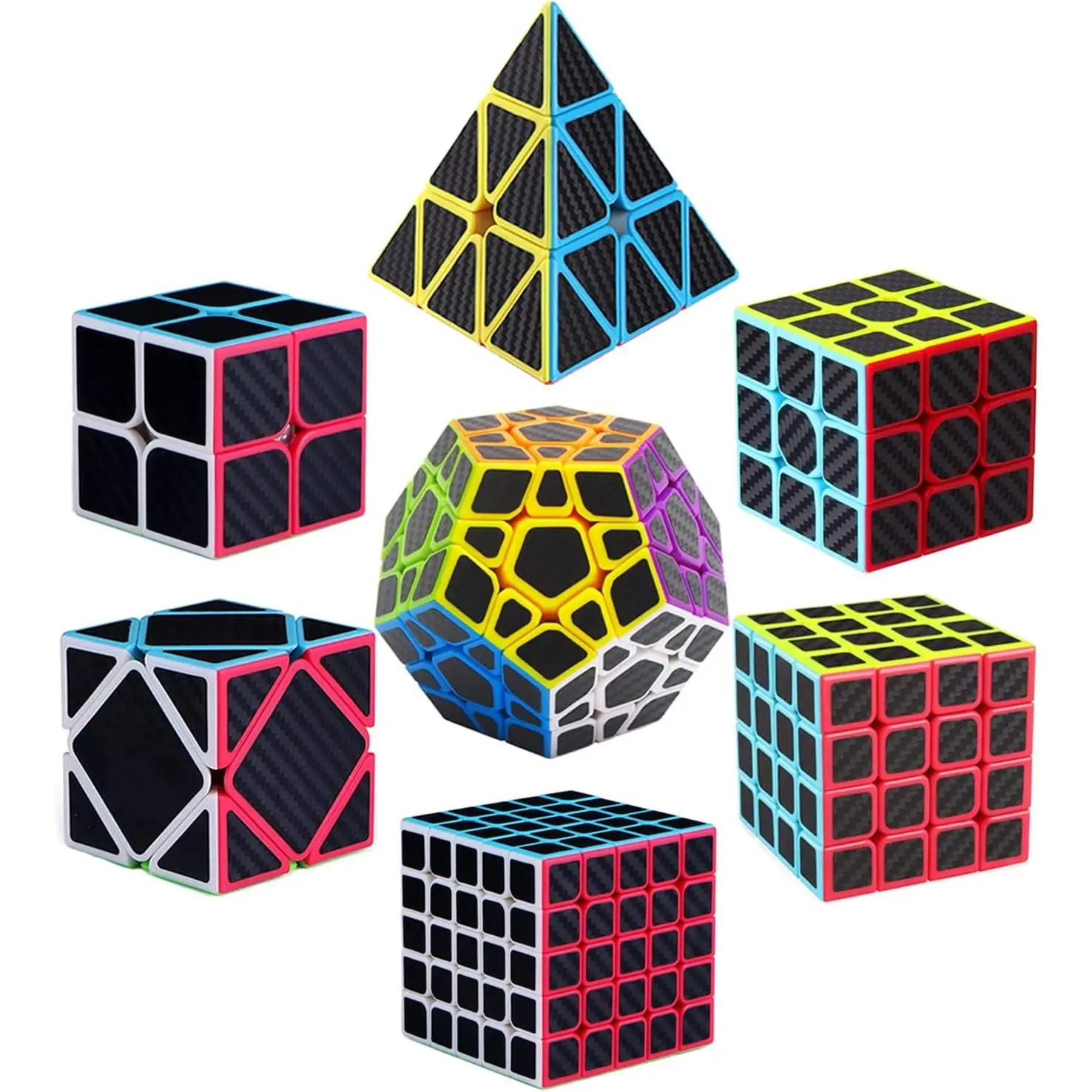 Speed Cube Set, Pack of 2x2 3x3 4x4 5x5 Megaminx Skew Pyramid Cube Carbon Fiber Sticker Smooth Magic Cubes Collection for Kids Teens & Adults [7 Pack]