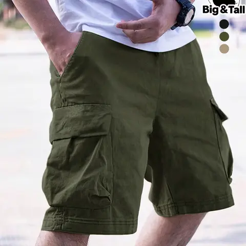 Men's Plus Size Solid Color Elastic Waist Drawstring Cargo Shorts with Pockets, Summer Fashion Shorts, Comfortable Casual Style, Perfect for Daily Wear