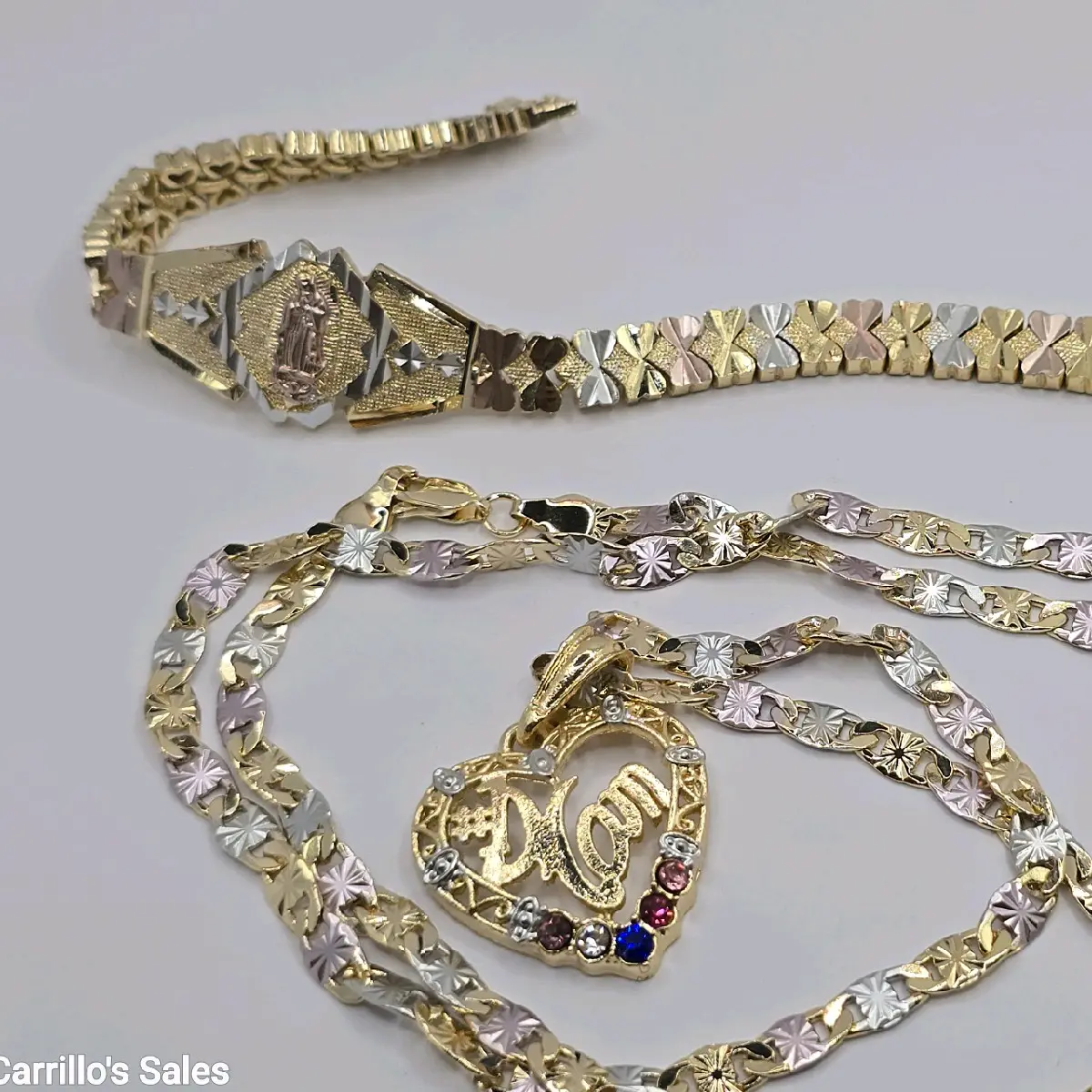 MOTHER'S DAY beautiful set #1 MOM heart chain with virgin Mary bracelet three clrs Gold-plated