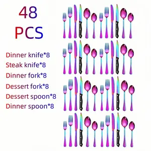 48-Piece Cutlery Set, Stainless Steel Flatware Silverware, Vibrant Color Set, Serves 8, Includes Steak Serrated Knife, Fork, Spoon, Teaspoon, Suitable for Home, Hotel, Party, Camping Use