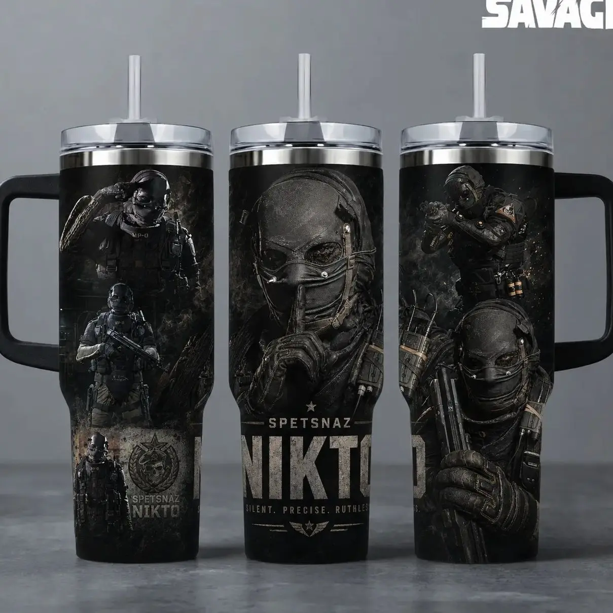 Call of Duty "Nikto - Spetsnaz Silent Precise Ruthless" Gaming Tumbler, 20oz & 40oz Insulated Travel Mug with Handle. Military Tactical Operator Graphic Merch, Perfect Gift for COD Fans