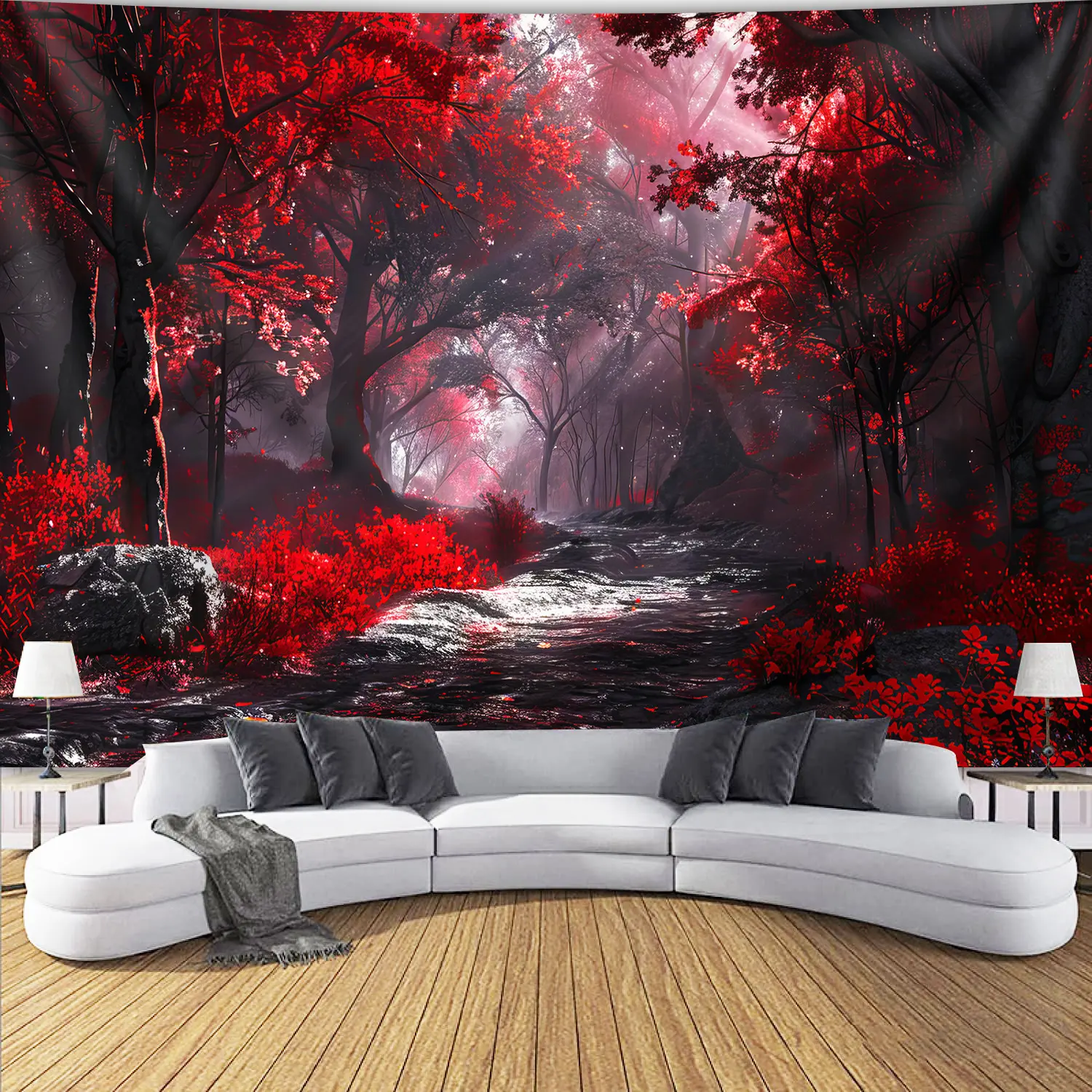 Polyester Forest Red Tapestry - Smooth, Lightweight, Vibrant Print Dreamy Landscape Backdrop, Nature Aesthetic Wall Hanging for Living Room, Bedroom Indoor/Outdoor Home Decor