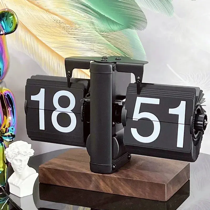 Table Clock 12H/24H Mechanical Automatic Page Turning Clock Retro Ornaments Living Room Bedroom Office Desktop Decoration
