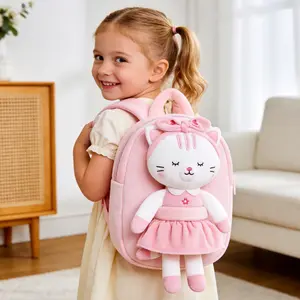 Toddler cat Backpack with Detachable Cat Plush Doll, Soft Pink Kitty Stuffed Animal Bag for Girls, Ideal Birthday & Christmas Gift for Kids Back to school season