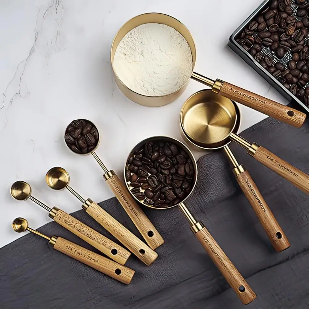 Measuring Cup & Spoon Set, Mixed Size Measuring Cup Spoon with Wooden Handle, Kitchen Gadgets, Stainless Steel Measuring Utensils for Kitchen, Summer
