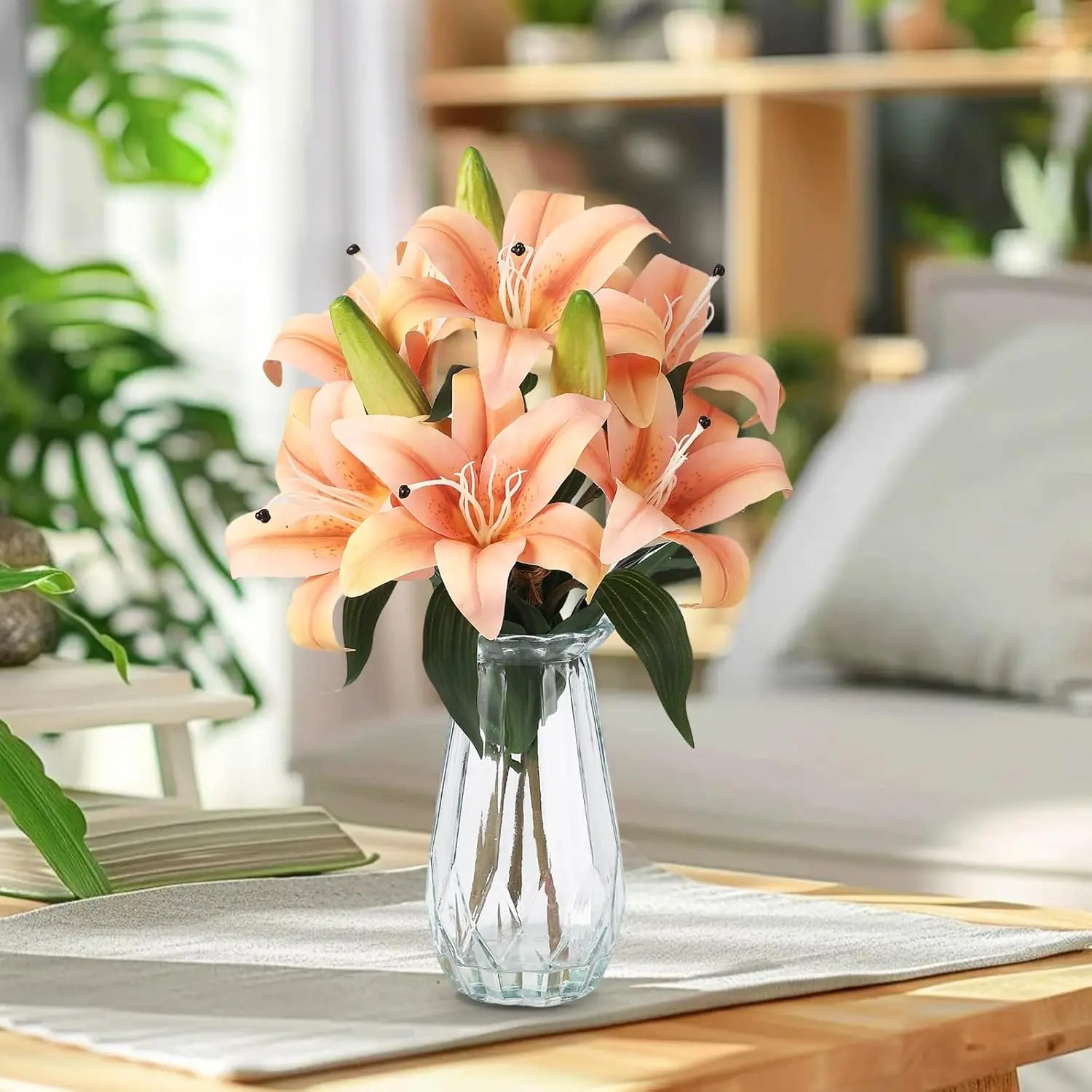 Artificial Tiger Lily Flowers 3 Pack, Real Touch Faux Easter Lilies, UV Resistant Fake Lily Stems for Indoor Outdoor Home Decor, Wedding Centerpieces, Cemetery Memorial Flowers, Champagne Set Plants
