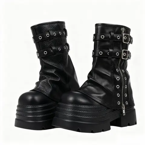 FEMFLAME Women's Casual Gothic Ankle Fold-Over Boots - Chunky Platform Sole, Low Heel, Slouchy, Sturdy Metal Hardware Lasts, Bold Buckle Detail, Motorcycle Zipper, Black, Alt Girls Concert, Full Season Walking Footwear