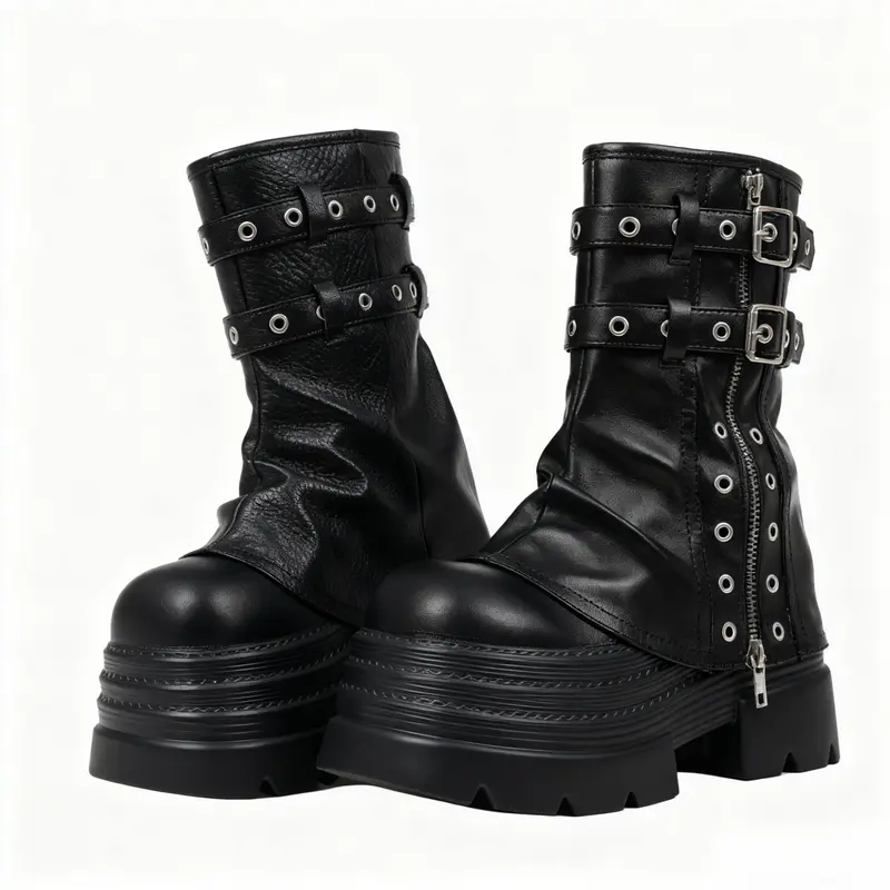 FEMFLAME Women's Casual Gothic Ankle Fold-Over Boots - Chunky Platform Sole, Low Heel, Slouchy, Sturdy Metal Hardware Lasts, Bold Buckle Detail, Motorcycle Zipper, Black, Alt Girls Concert, Full Season Walking Footwear
