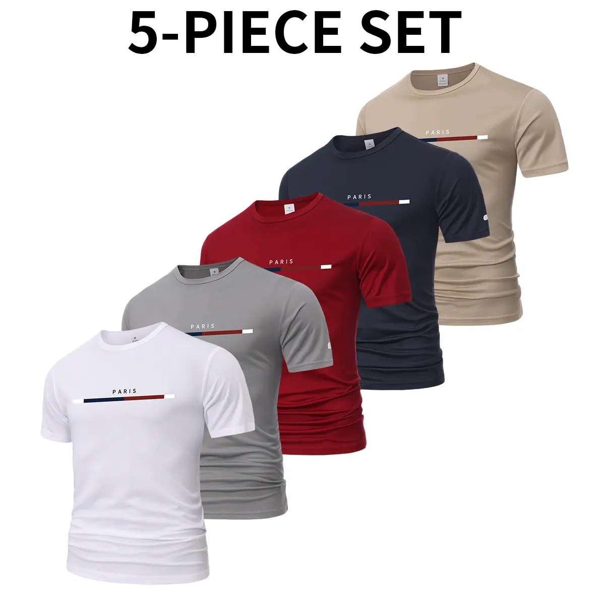 5PCS Men’s Quick-Dry Moisture-Wicking Sports Shirts – Crew-neck T-shirts made from waterproof polyester fabric with printed designs, non-see-through athletic and casual tops, multicolor set suitable for fitness, training, and casual wear – Durable and com