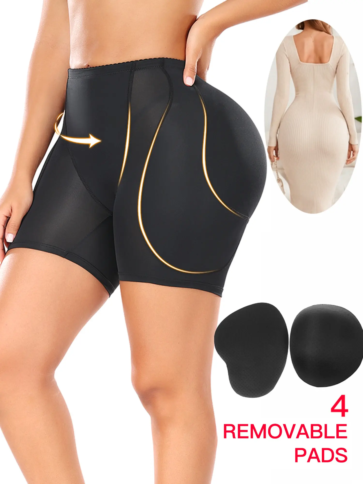 LUMIGIRL Women's Padded Seamless Shapewear Shorts - Tummy Control, Butt Enhancer Underwear, Booty Lifter with 4 Removable Thick Pads for Bigger Butt Fit