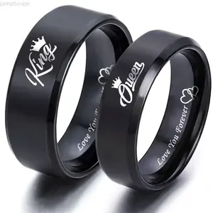 King Queen Matching Couple Rings Black Titanium Wedding Band Set with "Love You Forever" Engraving for Lovers