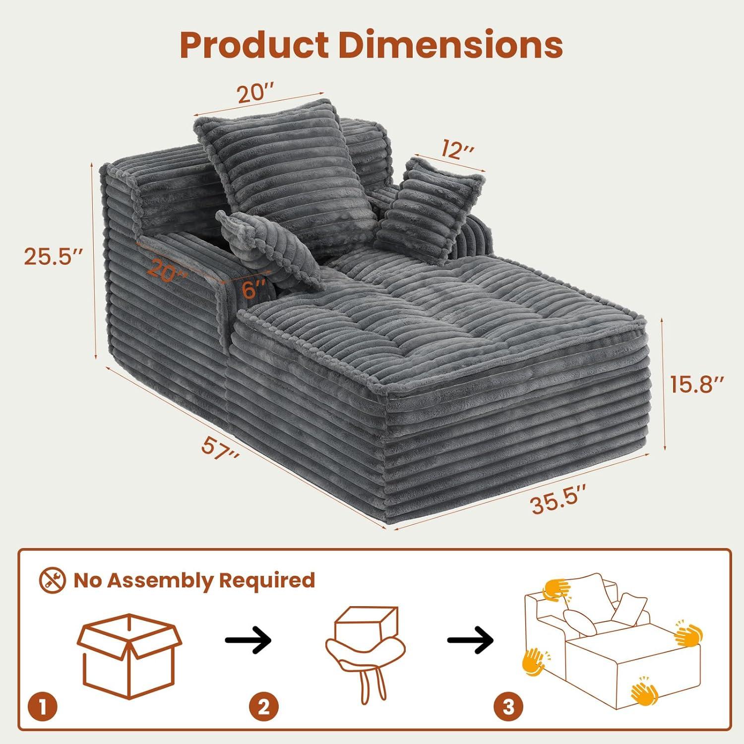 Winzoo Boneless Chaise Lounge Chair Indoor, Corduroy Small Boneless Sleeper Sofa with 3 Pillows & Wide Armrest, Fluffy Comfy Chase Lounge Indoor, Compression Boneless Couch for Living Room