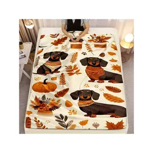 1pc Dachshund Dog & Fall Leaves Print Flannel Blanket - Soft Warm All-Season Lightweight Throw Sofa, Bed, Couch, Chair - Cozy Brown/Orange/, Animal-Themed Home Decor Family