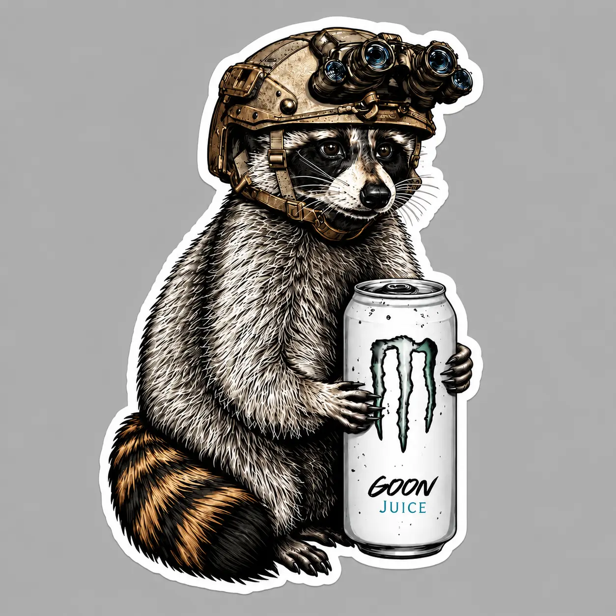 Funny Tactical Trash Panda Sticker - Raccoon with NVG & Goon Juice Energy Drink - Waterproof Meme Decal for Ammo Cans