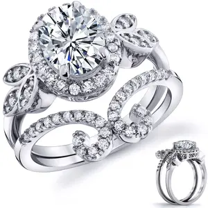3Ct. Moissanite 18K White Gold over Silver Halo Oval Papillion Engagement Wedding Ring Bridal Set