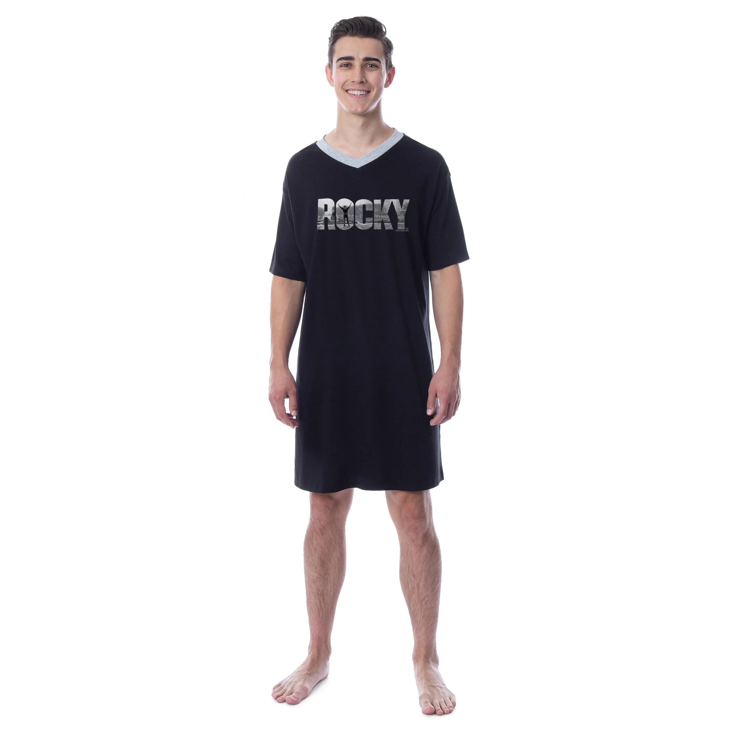 PJammy Men's Rocky Balboa Logo V-Neck Pajama Dress, Soft Cotton-Polyester Blend Solid Print Loose-Fit Casual Sleepwear Loungewear Apparel