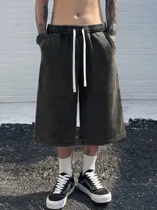 Men's Denim-effect Print Drawstring Waist Shorts, Loose Casual Comfy Breathable Pocket Shorts for Daily Wear, Woven Bottoms for All Seasons