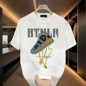 Fashion Sneakers Graphic T-shirt, Big Gold Chain Print, Unisex, Men's Short Sleeve Round Neck Street Style T-shirt Summer and Spring, Casual, Clothing, Youthful Vitality, Couple Style Menswear Top Streetwear Black Crewneck Tshirt