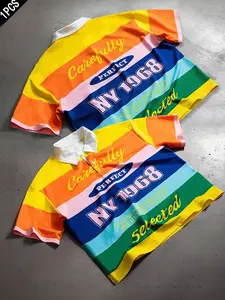 Men's Shoulder-Shoulder Polo Shirt, Short Sleeves, Colorblock & Letter Print Design, Loose Casual Style, Summer Wear, Preferred Choice, Menswear