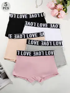 5 Pack Women's Ribbed "LOVE" Letter Waistband Boyshort Panties Soft Breathable Multicolor Underwear Daily Casual Loungewear