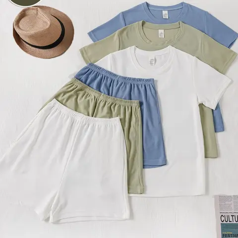 Women's Solid Color Lounge Set, Casual Comfy Short Sleeve Top & Shorts Pj Set, Pajama Set, Ladies Sleepwear for Summer, Loungewear, Loungewear Pjs Set