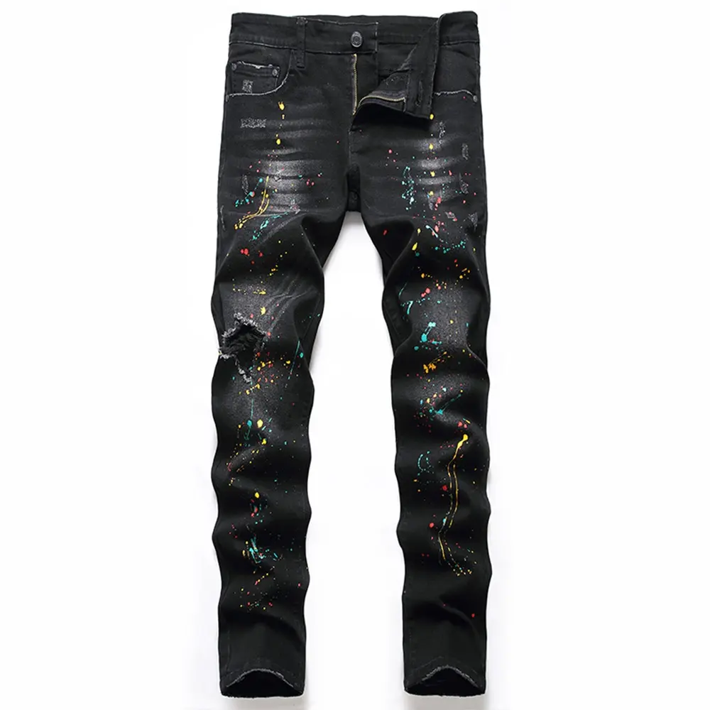 Men's Stretch Slim-Fit Ripped Cotton Jeans - Comfort Flex Waist, Casual Streetwear Menswear, Rainbow Splatter Biker Denim Pants, Grunge Aesthetic, Retro Style, Graphic, 90s Look