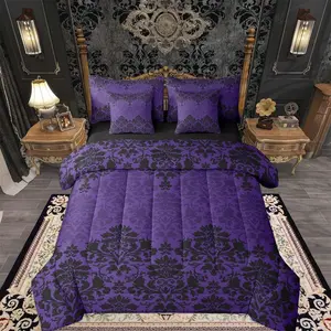 Purple Gothic Damask Comforter Set 7 Pieces Antique Victorian Baroque Bedding Set Kids Gothic Vintage Damask Floral Bed in a Bag with Comforter,Sheets,Pillowcases,Cushion Covers