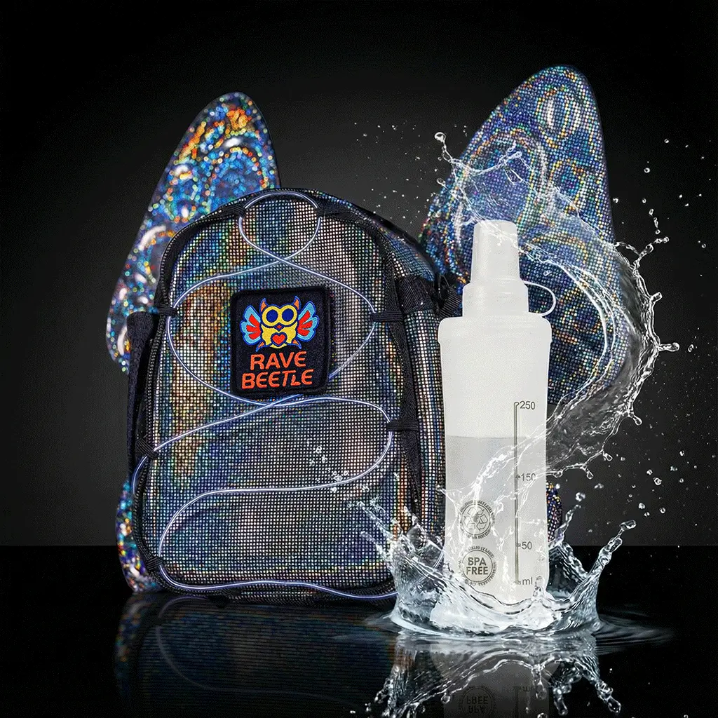 RaveBeetle FLOWt Hydration Festival Pack – Swappable Wing Rave Backpack with 8oz Soft Water Bottle & Light Accessory (Disco)