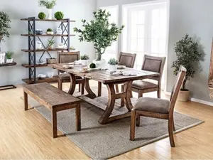 Gianna Rustic 6-Piece Dining Set with Curved Trestle Table, Upholstered Chairs, and Bench – Perfect for Farmhouse Charm