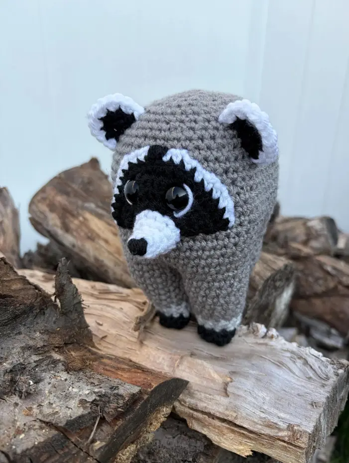 Crochet Raccoon Plush Toy, Cute Handmade Plushie Animal Doll, Woodland Nursery Decor, Sleeping Bag Raccoon Gift for Wildlife Lovers