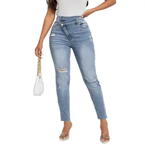 MNLYBABY Women's Asymmetrical Ripped Jeans Trendy Stretch Skinny Boyfriend Jean Distressed Denim Pants for Women summerwins