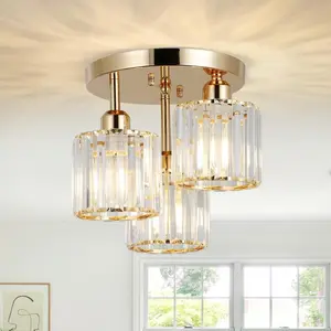 Modern Semi Flush Mount Ceiling Light,3-Light Crystal Close to Ceiling Light Fixtures,Golden Kitchen Light Fixtures with Clear Crystal Shade,Hallway Light Fixtures for Hallway Bedroom Bathroom