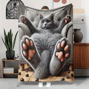 1pc Scandinavian Style Gray Cat Blanket - Soft Flannel-like Throw with HD Gray British Shorthair Design, All-Season Couch/Bedspread - Machine Washable Pet Lover Gift for Women, Men, Home Decor - Cozy Apartment Accent, Cute Blanket