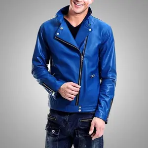 Cuir Jackets Men's Blue Leather Biker Jacket - 100% Lambskin, Bold Blue, Fitted, Multiple Pockets, Versatile for Casual & Evening, Medium Fit